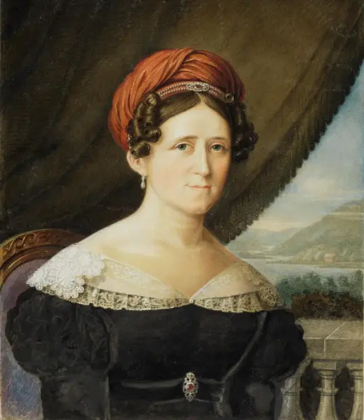 Portrett av Grevinne Karen Wedel Jarlsberg, som en gang bodde på Bogstad Gård. Maleri med detaljert fokus på den stilige hårfrisyren og det klassiske 1800-tallstøyet