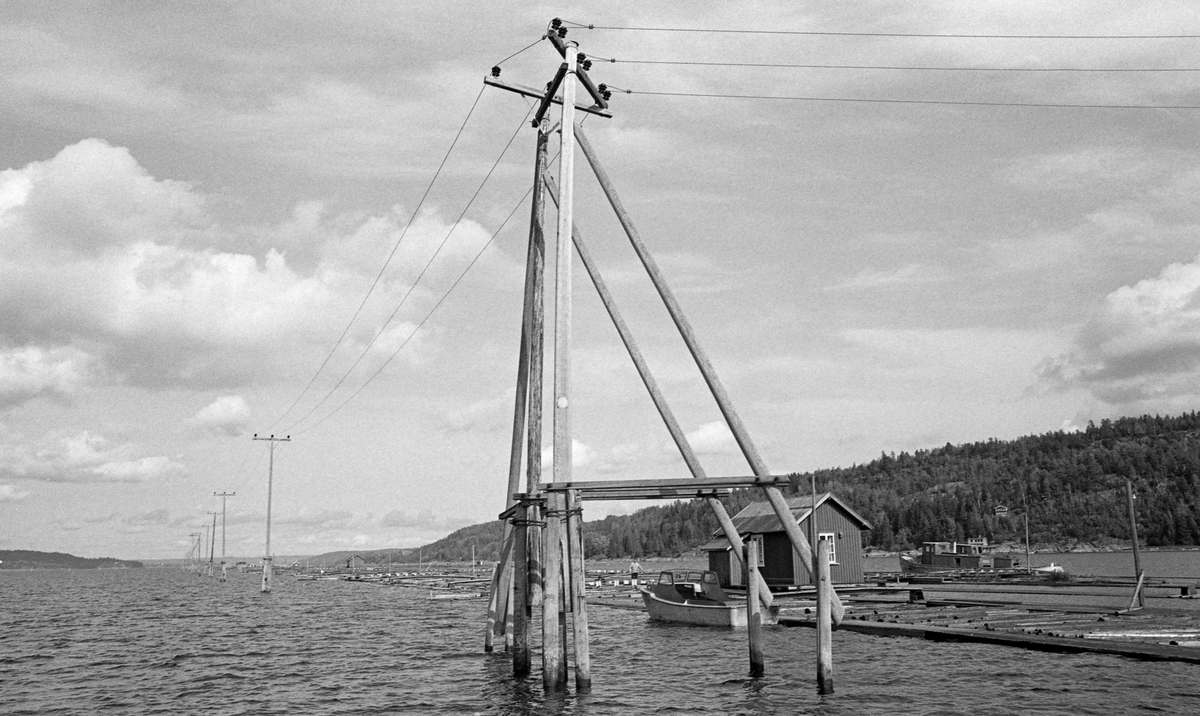 Nedre del av Glennetangen lense i Glomma, fotografert fra dekket på en fløterbåt.  Sentralt i fotografiet ser vi stolperekka med strømledningene til anlegget. Både retteanlegget som skulle bidra til at tømmerstokkene ble liggende parallelt, vaiertrekket som ledet dem ned mot mosekamrene og mosemaskinene ble drevet av elektromotorer. Videre skimter vi «renna», der tømmer fra retteanlegget høyere oppe ble ført mellom solide flåteganger mot mosemaskinen, som befant seg like til høyre for dette bildeutsnittet. Med til anlegget hørte flere bygninger som fløt på pongtonger inntil rennene. Vi ser ei mannskapsbrakke, samt ei formannsbrakke og ei tellerbu (med pulttak). Langsmed lenseanlegget er det rammet påler ned i elvebotnen som bærer telegrafstolper. Lenseanlegget hadde behov for store mengder elektrisk energi, både til ulike motorer og til belysning i forbindelse med kveldsarbeid utover høsten. På hitsida var lensa var det fortøyd en varpebåt da fotografiet ble tatt, på motsatt side skimter vi slepebåten «Per», som tidligere hadde operert i det vestre elveløpet ved Trøsken og nedover mot tømmertunnelen til Eidet. I bakgrunnen ser vi mot Skiptvet til venstre og mot Varteig og Rakkestad på høyre side.