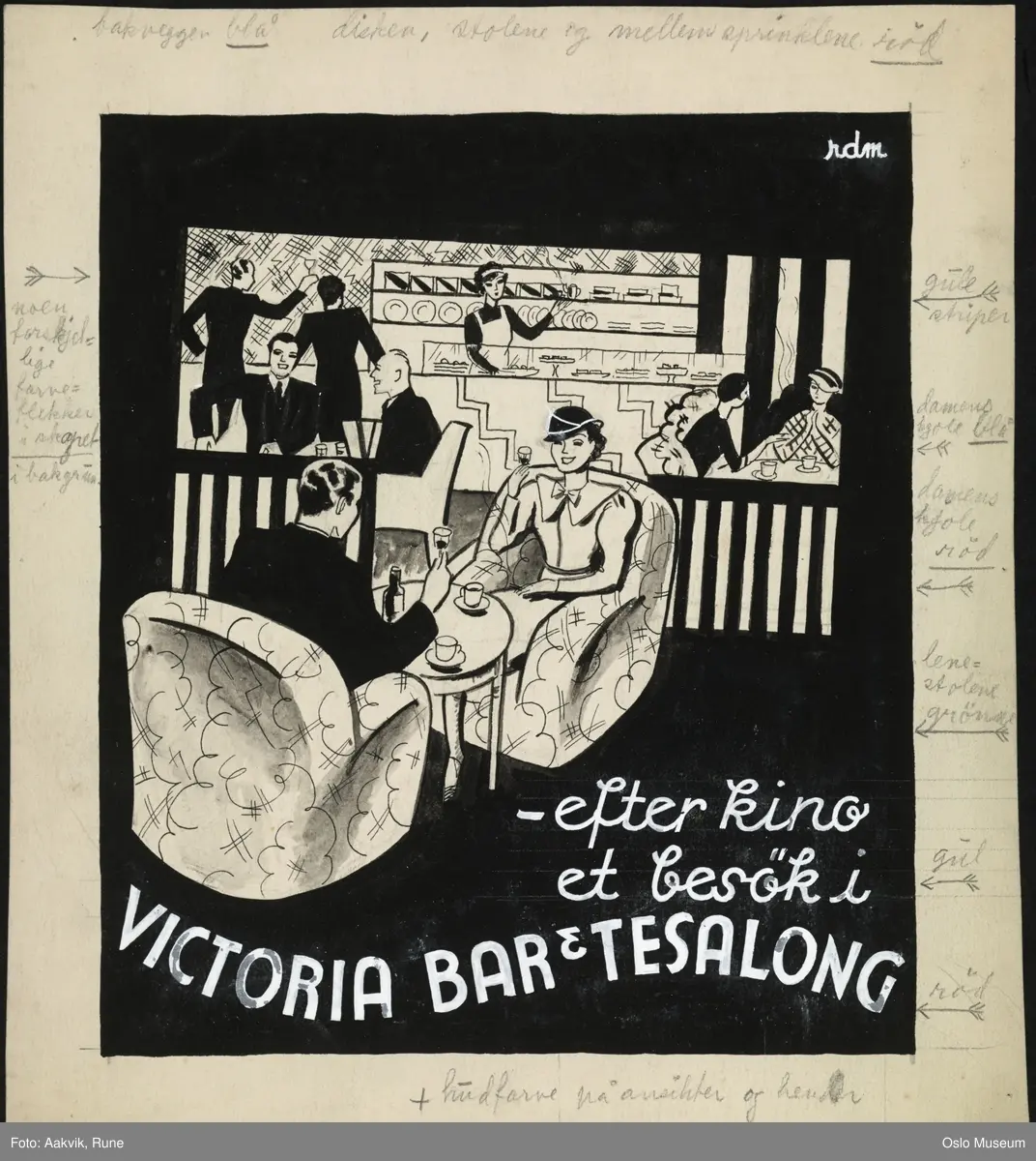 Reklametegninger av Victoria Bar & Tesalong.

A: versjon i farger

B: versjon i sort/hvitt med antegninger på fargesetting
