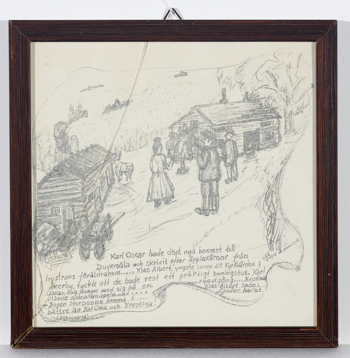 Teckning (illustration till Nybyggarna). Karl Oskar visar runt på den nya gården Duvemåla.