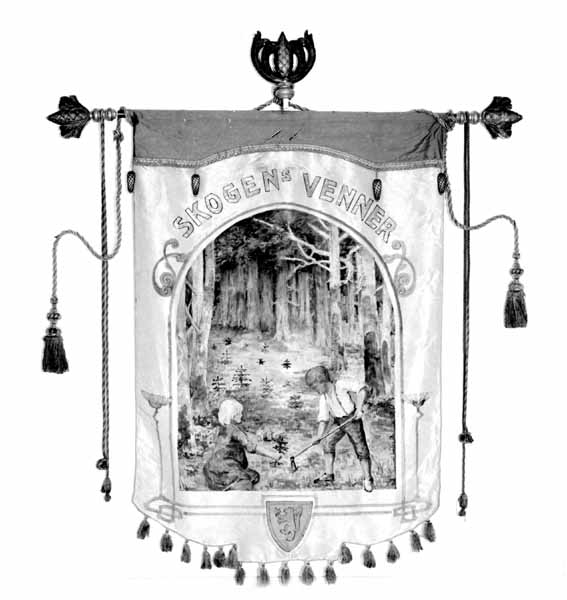 Fanen er malt på silke, det som ikke er malt er lilla i farven, snorene er også lilla. Motivene på fanen er fra skogen og har barn med. Dessuten står følgende inskripsjon: "Paa hver en flek hvor frøkorn gror skal skogen vokse sterk og stor", og på den andre siden: "Skogens venner"-  Som pynt på toppen av fanen og i hver ende på tverrstangen er det utskåret i tre og malt granbar med kongler.  Kongler av stoff henger også på selve fanen.  Gjenstanden består i alt av 8 deler (inkludert kasse). Se mer informasjon om hver enkelt del av gjenstanden se under gruppering.