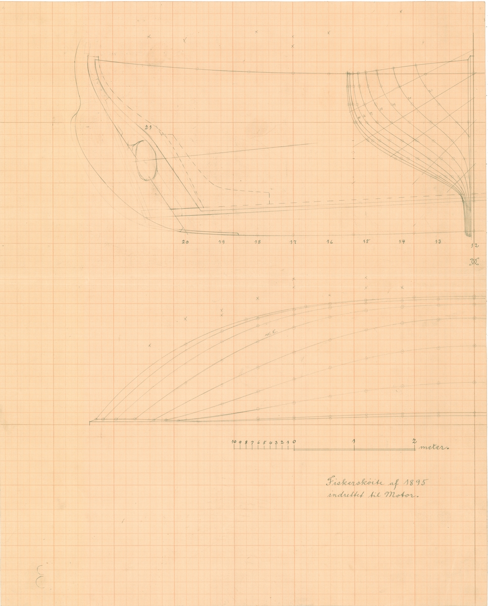 Linjetegning til del av fiskeskøyte. Profiltegning av motorfeste.