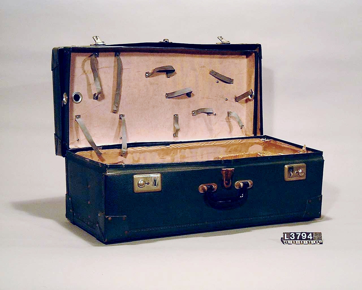 Cylinderdammsugare i grön metallic med fram och bakstycke i blank metall. Medar i krom med hjul under. Kabel, rör, munstycken och vätskespridare finns. Apparaten med tillbehör ligger i en koffert/väska. Slangen saknas.