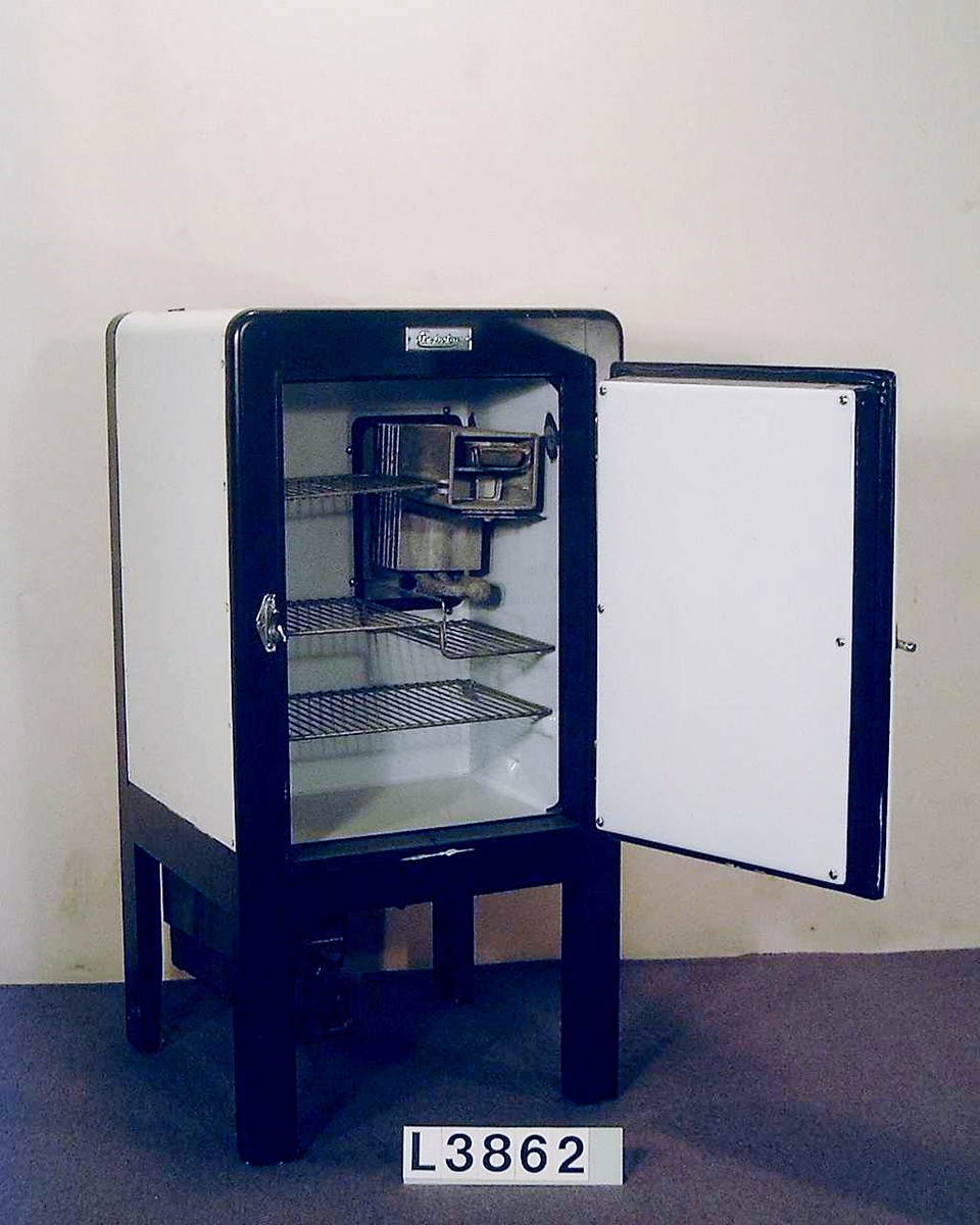 Fristående kylskåp typ L300c. Värmedrivet, där ramen är i brunt trä och kabinettet är i emalj. Kromat dörrhandtag med stängningsfunktion. Ovanför dörren sitter en skylt med firmanamnet: Electrolux. Kylskåpet är utrustat för fotogendrift. Emaljen är trasig på ett ställe inuti kylskåpet.