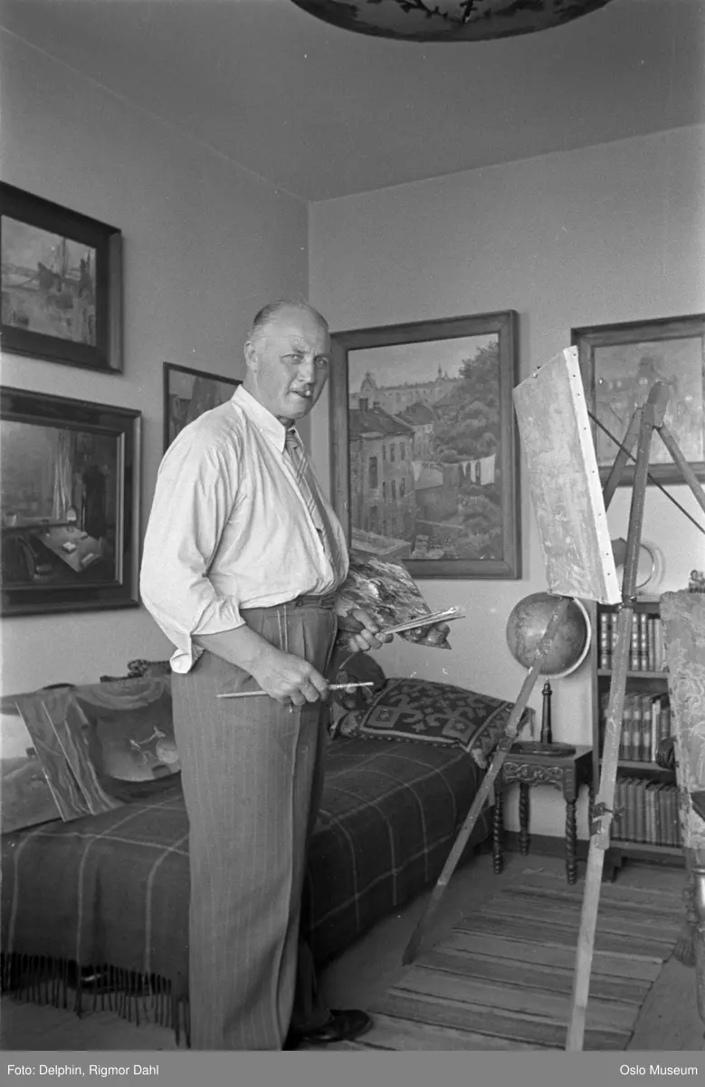 bolig, interiør, mann, skuespiller, maler, sigar, staffeli, malerier