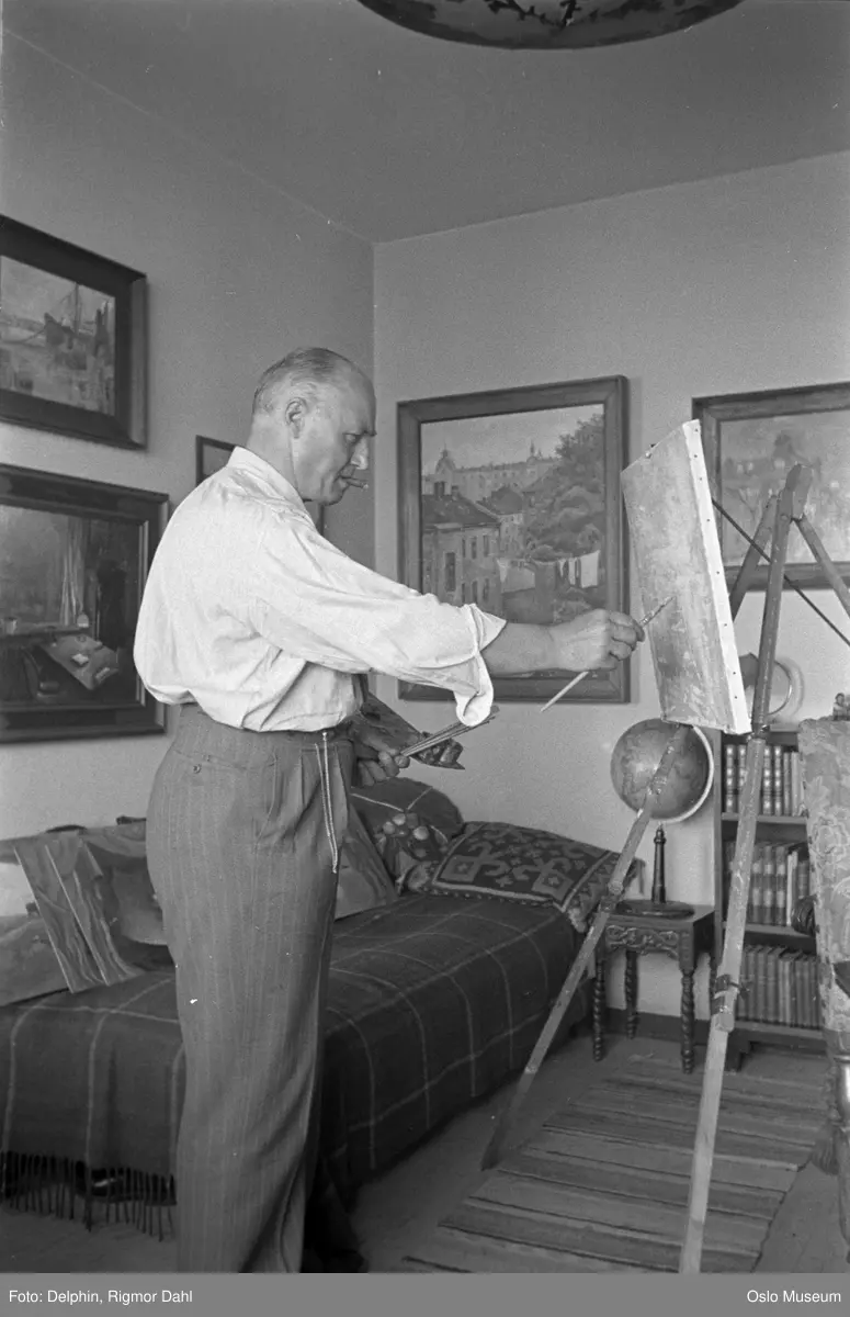 bolig, interiør, mann, skuespiller, maler, sigar, staffeli, malerier