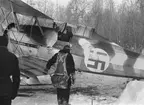 Flygplan Gloster Gladiator märkt gul C görs klar för start vid F 19, Svenska frivilligkåren i Finland, den 10 mars 1940. Flygförare går mot flygplanet.