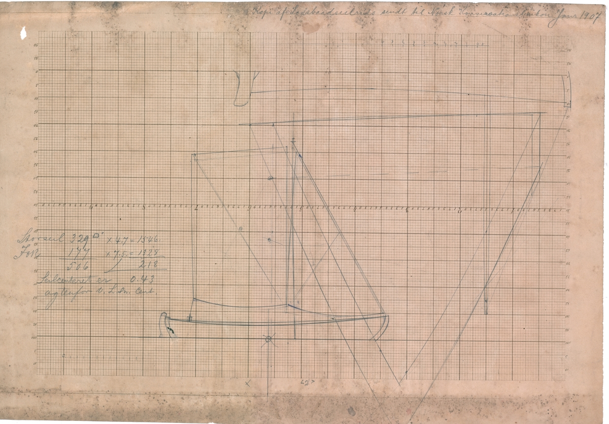 Linjetegning Losbåt THOR (Tegnet 1871. Ikke bygget)   (Bakside: Seiltegning/sideriss av annen båt?)