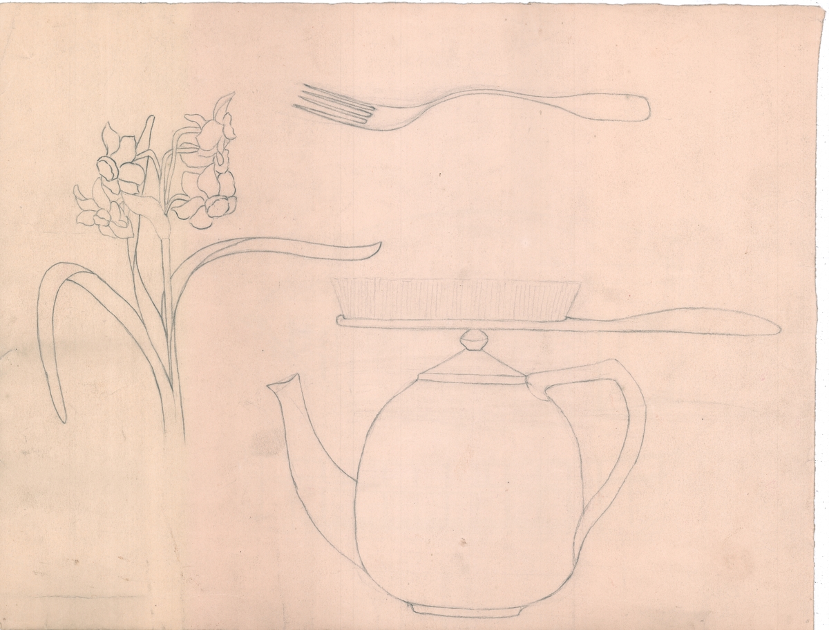 Linjetegning Kutterjolle  (Bakside: Frihåndstegning div. gjenstander.)