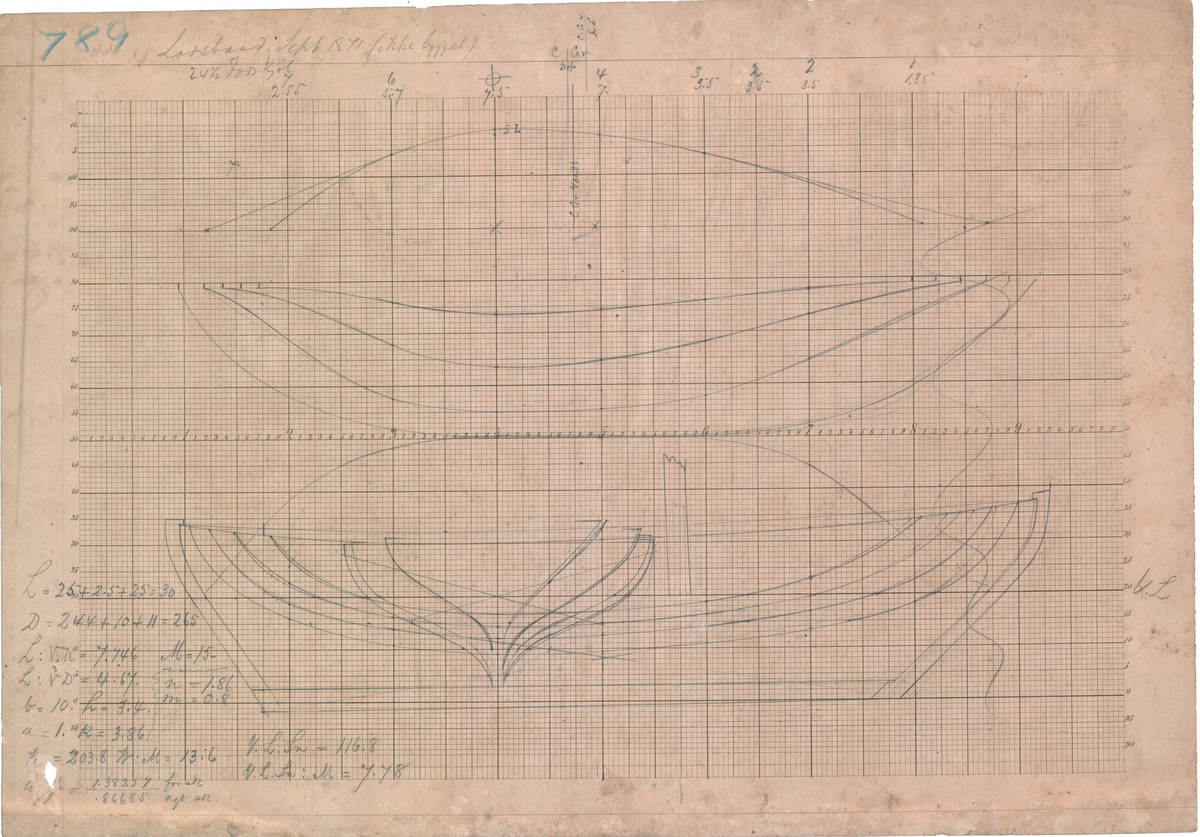 Linjetegning Losbåt THOR (Tegnet 1871. Ikke bygget)   (Bakside: Seiltegning/sideriss av annen båt?)
