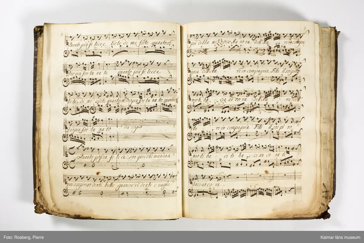 KLM 21070. Notbok, handskrift. Stående format. Helt skinnband med präglad gulddekor på ryggen. Försättsblad med svart stämpel, Stålhammarska vapnet. Kompositioner med italienska, franska och tyska texter. Merparten av de handskrivna noterna är inskrivna från den främre pärmen, några musikstycken inskrivna från den bakre pärmen. Sid 85-107 numrering från bakre pärmen. 

Sid. 25-27 Aria La speranza tutti in ganna av Agostino Steffanis opera I trionfi del fato, Hanover, 1695.
Sid. 53 Aria Vnisoni Cantata.
Sid. 59 Bononcini Cantata