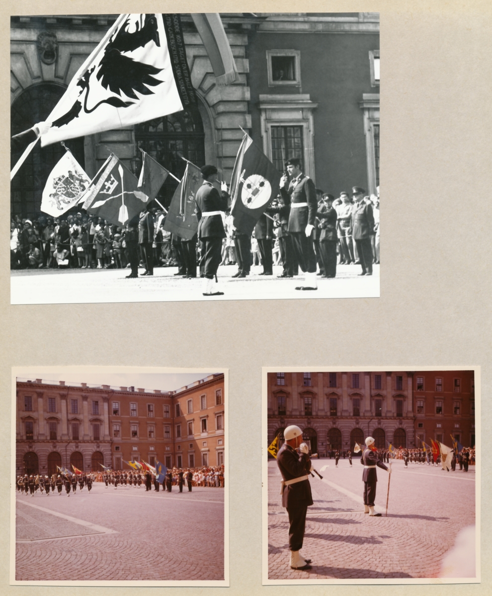 Kassans fotoalbum, sid 14

Stockholms slott den 13 augusti 1969

Regementet firar 250-årsjubileum över Slaget vid södra Stäket 1719.

Bild 1. Vaktavlösning -- med fanborg från de regementen som deltog i slaget. Denna bild är publicerad tidigare med nr ARSF.000817

Bild 2 och 3. Musikkåren vid vaktavlösningen.