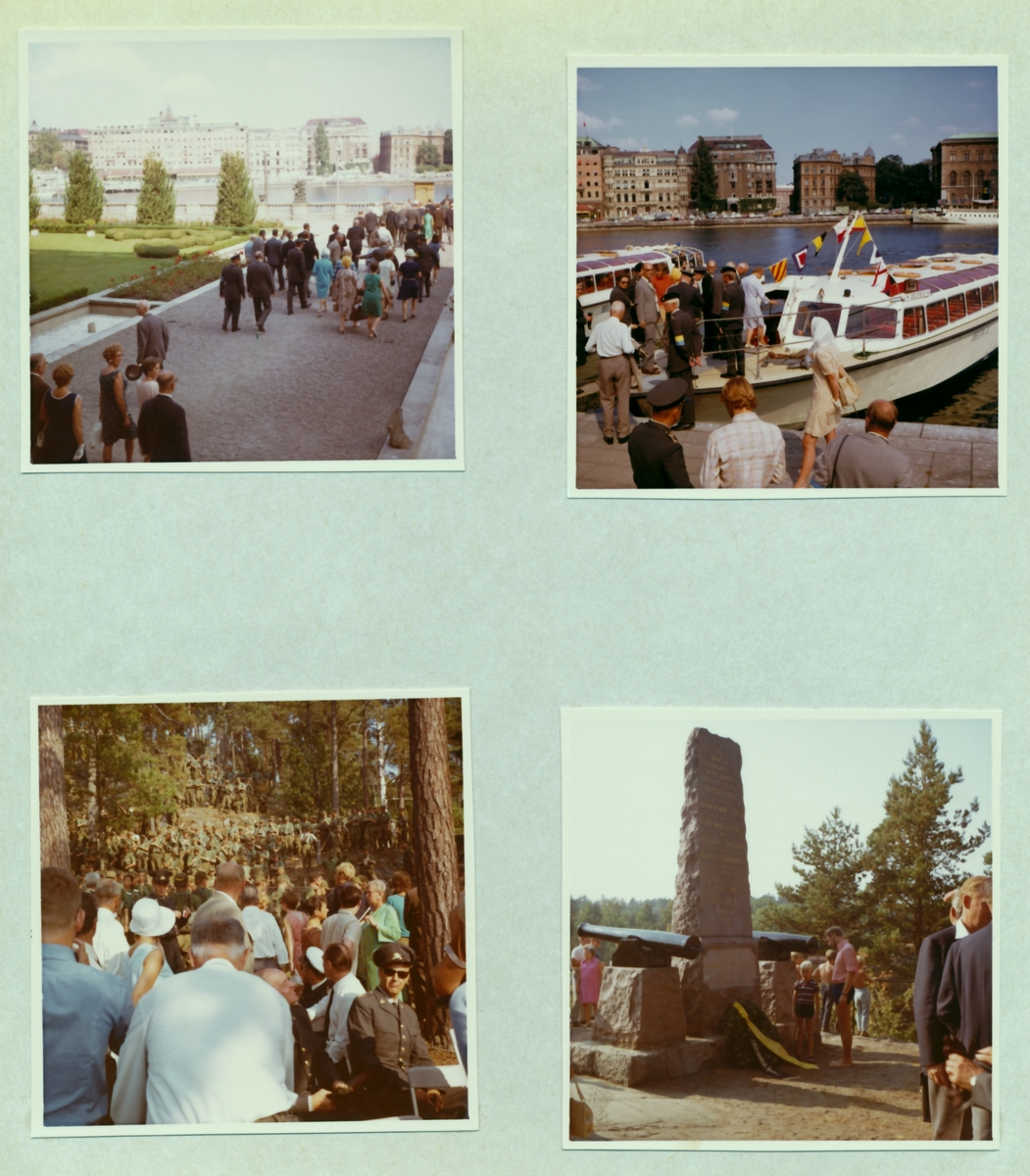 Kassans fotoalbum, sid 15

Stockholm den 13 augusti 1969

Regementet firar 250-årsjubileum över Slaget vid södra Stäket 1719.

Bild 1. På väg mot kajen nedanför slottet. Elna Fredriksson nere i v. hörnet (med glasögon)
Bild 2. Ombordstigning inför färd till Skogsö
Bild 3. Åldersklassen har anlänt, halva bataljonen till fots, från Skarpnäck
Bild 4. Skogsömonumentet.