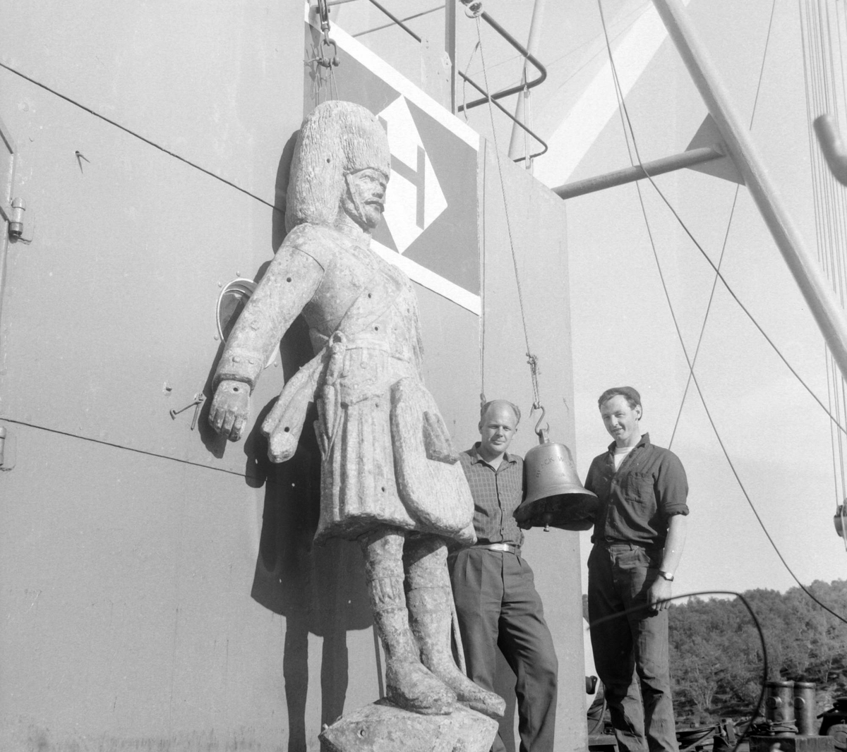 Gallionsfiguren og skipsklokka fra M/S "Black Watch" etter berging.