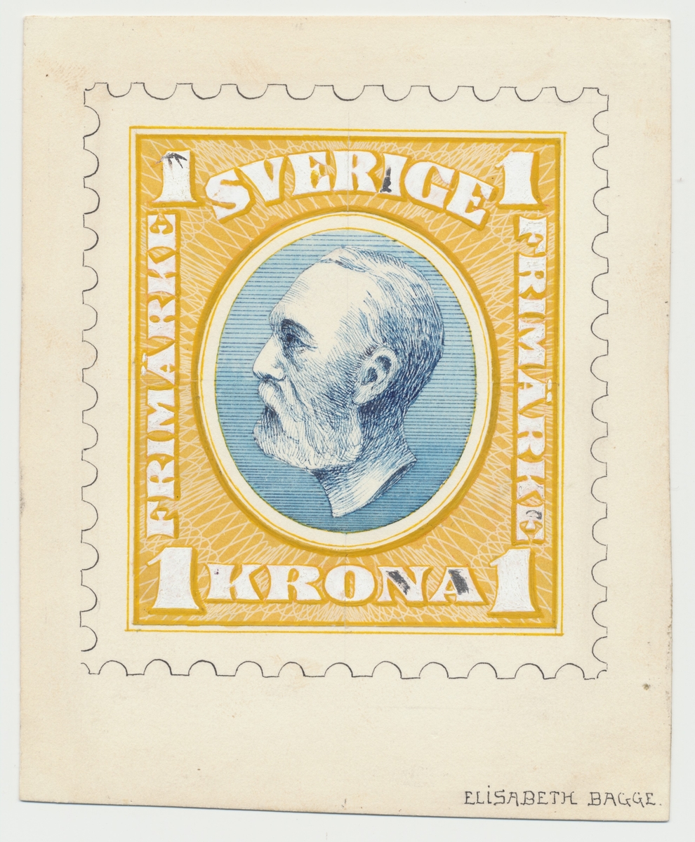 Förlaga i färg från år 1900. Förlagan är del av en samling elevarbeten från Tekniska Skolan och har verkat som underlag och förslag till frimärket Oscar II, koppartryck, vm krona.