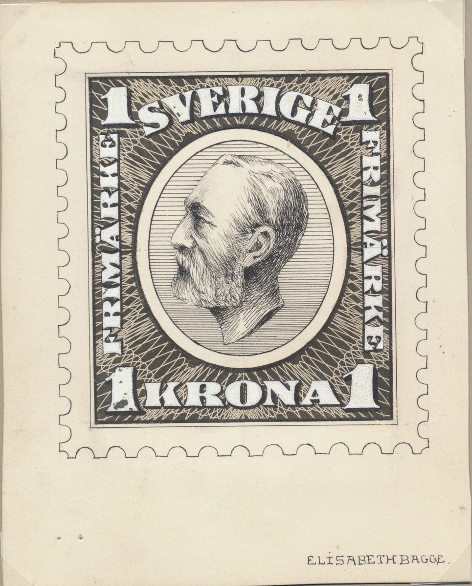 Förlaga i färg från år 1900. Förlagan är del av en samling elevarbeten från Tekniska Skolan och har verkat som underlag och förslag till frimärket Oscar II, koppartryck, vm krona.