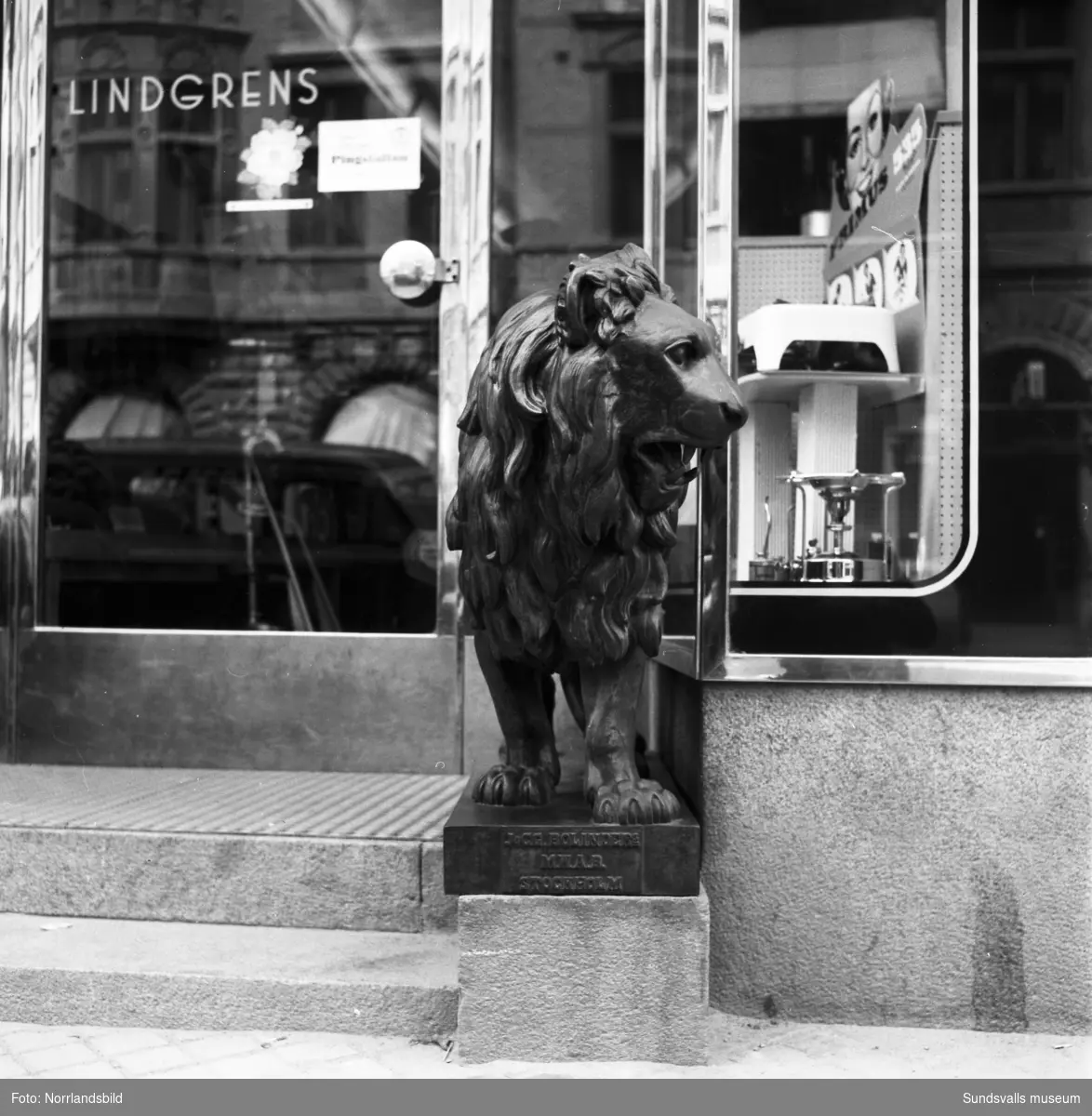 Bronslejonen vid Lindgrens järnhandels entré vid Storgatan 21.