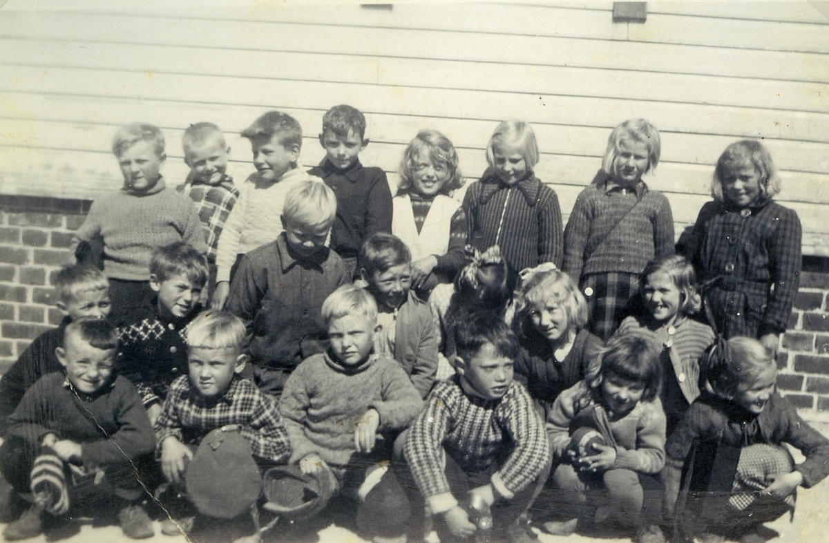 Elever på Sævland skole 1938. Poserer foran skolehuset. Totalt 21 personer.
Rekke 1 fra venstre: Jostein Sjøen, johannes Mannes, Alf Georgsen, Terje Vik, Gerd Tangen og Henny Jakobsen.
Rekke 2 fra venstre: Jermund jakobsen, Magnus Årøy, Einar Haringstad, Sigve Georgsen, Else Karla Nilsen, Estrid Bro og Randveig Kristiansen.
Rekke 3 fra venstre: Magnus Haringstad, Per Mannes, Villy Rud Andersen, Åge Mannes, Haldis Sørensen, Turid Tveit, Audhild Mariniussen og Liv Jakobsen.