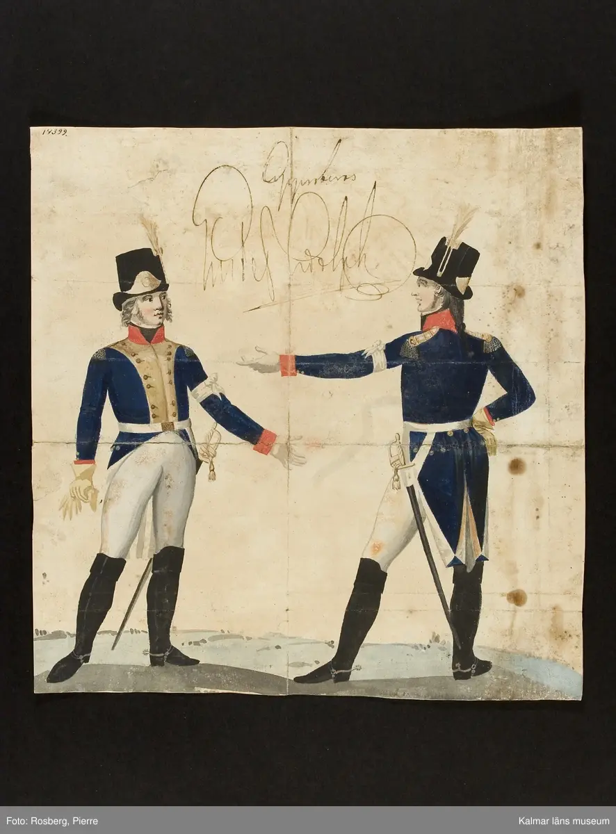 KLM 14399. Uniformsbild. Gouache på papper. Förslag till officersuniform (för Kalmar regemente) 1800-talets början. Påskrift: Approberas Gustaf Adolph (godkänd av Gustaf IV Adolf).