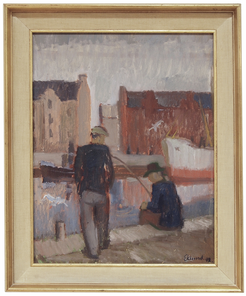 Oljemålning av Bengt Eklund 1942, "Idyll vid ån".
Montering/Ram: Originalram