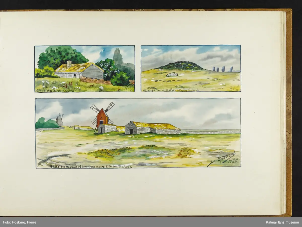 Ett stort antal motiv från Öland, kulturhistoriska platser samt landskapsmotiv.

I boken finns motiv i nämnd ordning: Ölands landskapsvapen; Borgholms slott; Alvaret; Köpings klint; Tingsflisa; barken Dovres förlisning; gravfält vid Klinta, Köping; I Repplinge; Persnäs kyrka; Rynings kors Persnäs, Långlöts kyrka; I Högsrum; Galjbacken Högsrum; Böle backe Glömminge; Kvarn vid Stora Rör; Bramstedtsgården i Strandskogen Glömminge; Öländsk västkust mellan Röhälla och Stora Rör; vägen till Möllstorps läggning; Linsänkan Glömminge; Algutsrums kyrka 1827 och 1919; Portparti vid Gråborg; Sankt Knuts kapell??; I Björnhovda bygata; vid Torslunda kyrka; Eriksöre gärden, Torslunda; Gammal stuga i Runsbäck, Torslunda; vikingagrav med vårdhållare, Skogsby, Torslunda; källare och kvarnar på landborgen ovanför Eriksöre, Torslunda; Öländskt arbetarhem Karlevi, Vickleby; Vickleby kyrka; Fröbygårda strand, Vickleby; Bondgård i Vickleby; Resmo kyrka 1920; Mysinge hög; Resmo kyrka 1826; Borgby borg; I Mörbylångadalen; Alvaret vid Bengtstorp, söder om Bårby; Bondgård vid Lenstad; Smedsgärde Gårdby s; Dröstorps ödeby; Nigelberget en höjd på alvaret s.o. om Lenstad; Tornrör och Tornrörskällan; Dröstorps mosse; Prästgropen Sandby alvar; Gård i Skarpa Alby; Bondgård i N Näsby; Augustimorgon vid Ölands östkust, Sandby socken; Segerstads gamla kyrka; Segerstads nuvarande kyrka; Kustby i Segerstads socken, Nedre Segerstad; På slagfältet vid Seby, Segerstad socken; Gammal bondgård i Övre Segerstad, Segerstad socken; I Segerstad.