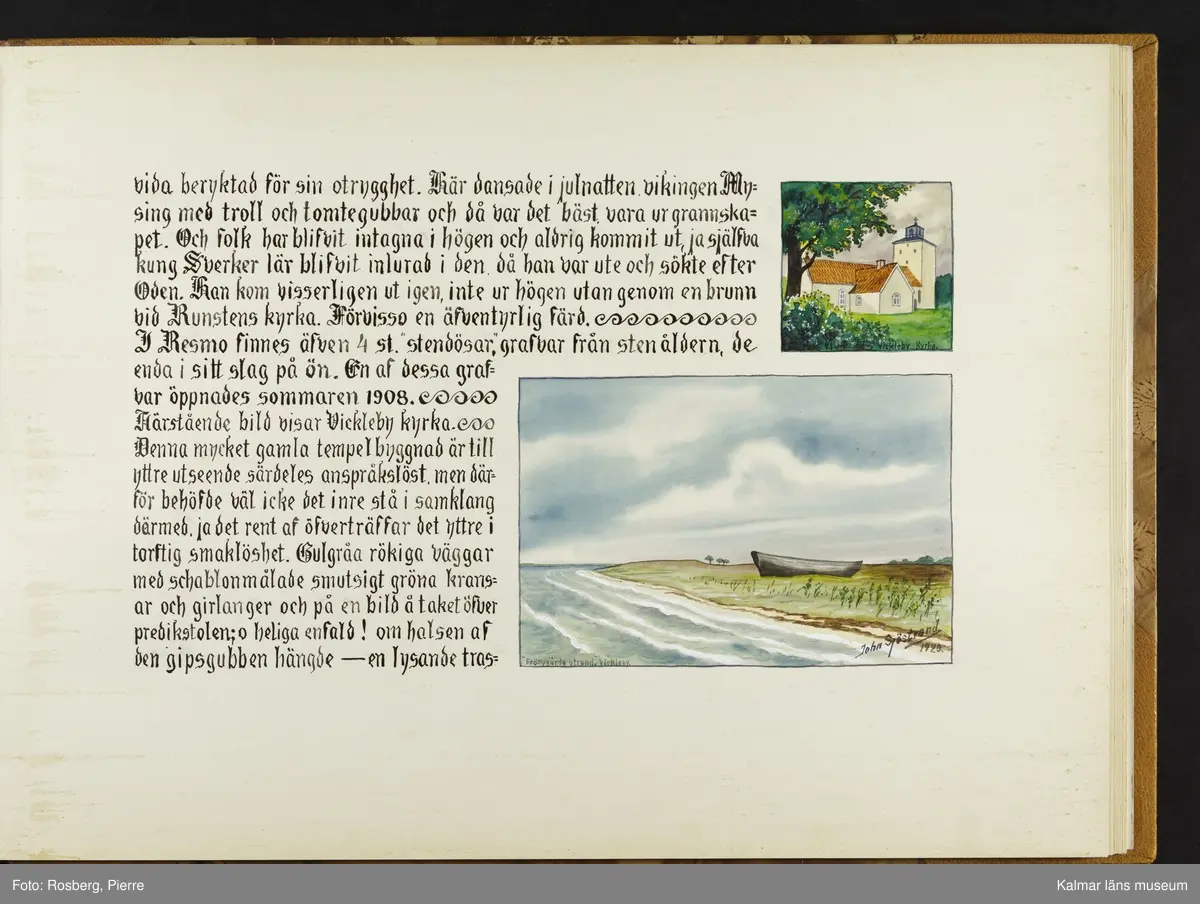 Ett stort antal motiv från Öland, kulturhistoriska platser samt landskapsmotiv.

I boken finns motiv i nämnd ordning: Ölands landskapsvapen; Borgholms slott; Alvaret; Köpings klint; Tingsflisa; barken Dovres förlisning; gravfält vid Klinta, Köping; I Repplinge; Persnäs kyrka; Rynings kors Persnäs, Långlöts kyrka; I Högsrum; Galjbacken Högsrum; Böle backe Glömminge; Kvarn vid Stora Rör; Bramstedtsgården i Strandskogen Glömminge; Öländsk västkust mellan Röhälla och Stora Rör; vägen till Möllstorps läggning; Linsänkan Glömminge; Algutsrums kyrka 1827 och 1919; Portparti vid Gråborg; Sankt Knuts kapell??; I Björnhovda bygata; vid Torslunda kyrka; Eriksöre gärden, Torslunda; Gammal stuga i Runsbäck, Torslunda; vikingagrav med vårdhållare, Skogsby, Torslunda; källare och kvarnar på landborgen ovanför Eriksöre, Torslunda; Öländskt arbetarhem Karlevi, Vickleby; Vickleby kyrka; Fröbygårda strand, Vickleby; Bondgård i Vickleby; Resmo kyrka 1920; Mysinge hög; Resmo kyrka 1826; Borgby borg; I Mörbylångadalen; Alvaret vid Bengtstorp, söder om Bårby; Bondgård vid Lenstad; Smedsgärde Gårdby s; Dröstorps ödeby; Nigelberget en höjd på alvaret s.o. om Lenstad; Tornrör och Tornrörskällan; Dröstorps mosse; Prästgropen Sandby alvar; Gård i Skarpa Alby; Bondgård i N Näsby; Augustimorgon vid Ölands östkust, Sandby socken; Segerstads gamla kyrka; Segerstads nuvarande kyrka; Kustby i Segerstads socken, Nedre Segerstad; På slagfältet vid Seby, Segerstad socken; Gammal bondgård i Övre Segerstad, Segerstad socken; I Segerstad.