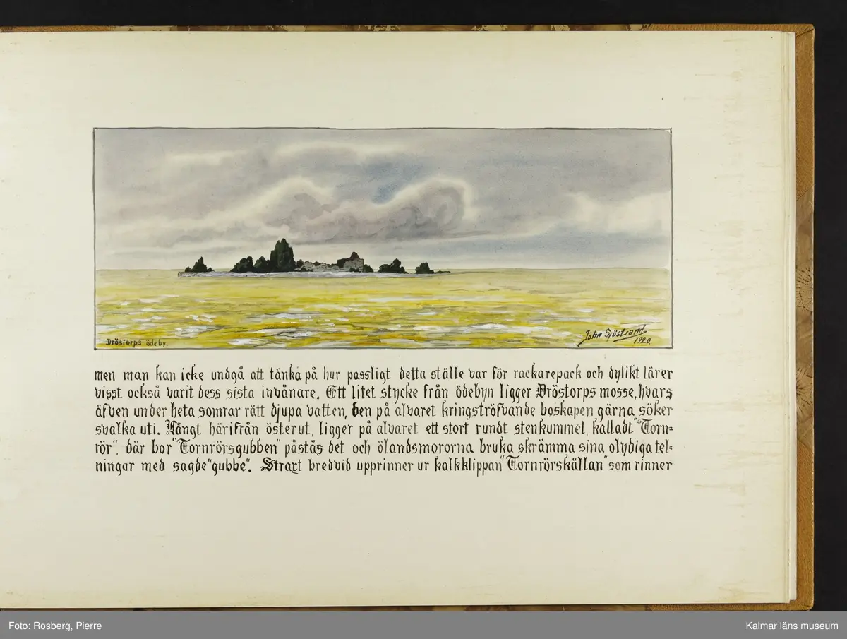 Ett stort antal motiv från Öland, kulturhistoriska platser samt landskapsmotiv.

I boken finns motiv i nämnd ordning: Ölands landskapsvapen; Borgholms slott; Alvaret; Köpings klint; Tingsflisa; barken Dovres förlisning; gravfält vid Klinta, Köping; I Repplinge; Persnäs kyrka; Rynings kors Persnäs, Långlöts kyrka; I Högsrum; Galjbacken Högsrum; Böle backe Glömminge; Kvarn vid Stora Rör; Bramstedtsgården i Strandskogen Glömminge; Öländsk västkust mellan Röhälla och Stora Rör; vägen till Möllstorps läggning; Linsänkan Glömminge; Algutsrums kyrka 1827 och 1919; Portparti vid Gråborg; Sankt Knuts kapell??; I Björnhovda bygata; vid Torslunda kyrka; Eriksöre gärden, Torslunda; Gammal stuga i Runsbäck, Torslunda; vikingagrav med vårdhållare, Skogsby, Torslunda; källare och kvarnar på landborgen ovanför Eriksöre, Torslunda; Öländskt arbetarhem Karlevi, Vickleby; Vickleby kyrka; Fröbygårda strand, Vickleby; Bondgård i Vickleby; Resmo kyrka 1920; Mysinge hög; Resmo kyrka 1826; Borgby borg; I Mörbylångadalen; Alvaret vid Bengtstorp, söder om Bårby; Bondgård vid Lenstad; Smedsgärde Gårdby s; Dröstorps ödeby; Nigelberget en höjd på alvaret s.o. om Lenstad; Tornrör och Tornrörskällan; Dröstorps mosse; Prästgropen Sandby alvar; Gård i Skarpa Alby; Bondgård i N Näsby; Augustimorgon vid Ölands östkust, Sandby socken; Segerstads gamla kyrka; Segerstads nuvarande kyrka; Kustby i Segerstads socken, Nedre Segerstad; På slagfältet vid Seby, Segerstad socken; Gammal bondgård i Övre Segerstad, Segerstad socken; I Segerstad.