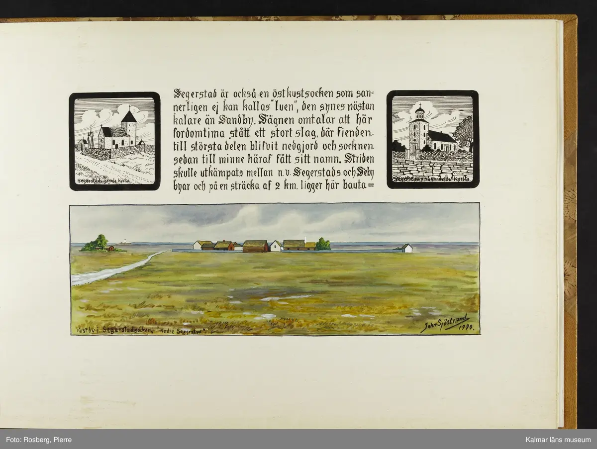 Ett stort antal motiv från Öland, kulturhistoriska platser samt landskapsmotiv.

I boken finns motiv i nämnd ordning: Ölands landskapsvapen; Borgholms slott; Alvaret; Köpings klint; Tingsflisa; barken Dovres förlisning; gravfält vid Klinta, Köping; I Repplinge; Persnäs kyrka; Rynings kors Persnäs, Långlöts kyrka; I Högsrum; Galjbacken Högsrum; Böle backe Glömminge; Kvarn vid Stora Rör; Bramstedtsgården i Strandskogen Glömminge; Öländsk västkust mellan Röhälla och Stora Rör; vägen till Möllstorps läggning; Linsänkan Glömminge; Algutsrums kyrka 1827 och 1919; Portparti vid Gråborg; Sankt Knuts kapell??; I Björnhovda bygata; vid Torslunda kyrka; Eriksöre gärden, Torslunda; Gammal stuga i Runsbäck, Torslunda; vikingagrav med vårdhållare, Skogsby, Torslunda; källare och kvarnar på landborgen ovanför Eriksöre, Torslunda; Öländskt arbetarhem Karlevi, Vickleby; Vickleby kyrka; Fröbygårda strand, Vickleby; Bondgård i Vickleby; Resmo kyrka 1920; Mysinge hög; Resmo kyrka 1826; Borgby borg; I Mörbylångadalen; Alvaret vid Bengtstorp, söder om Bårby; Bondgård vid Lenstad; Smedsgärde Gårdby s; Dröstorps ödeby; Nigelberget en höjd på alvaret s.o. om Lenstad; Tornrör och Tornrörskällan; Dröstorps mosse; Prästgropen Sandby alvar; Gård i Skarpa Alby; Bondgård i N Näsby; Augustimorgon vid Ölands östkust, Sandby socken; Segerstads gamla kyrka; Segerstads nuvarande kyrka; Kustby i Segerstads socken, Nedre Segerstad; På slagfältet vid Seby, Segerstad socken; Gammal bondgård i Övre Segerstad, Segerstad socken; I Segerstad.