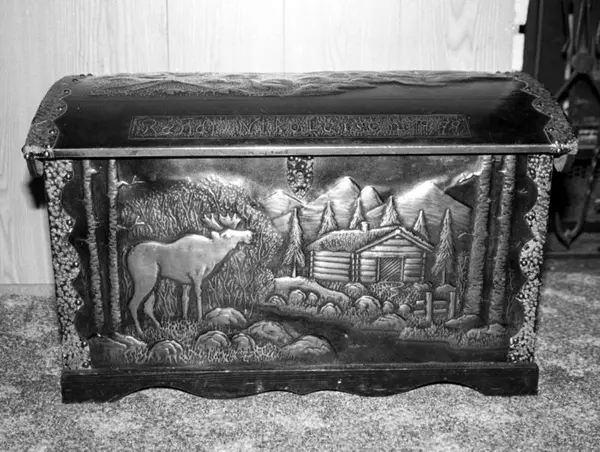 Chest clad with copper relief. Karl Nikolaisen.