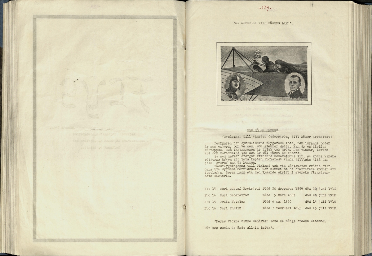 Inbunden samlingsvolym för tidskriften Flygfisken: organ för Sveriges militärflygare, 1917-1919.

Innehåll: artiklar med minnen, händelser och episoder inom den svenska militära pionjärflygningen samt fakta och råd till militära flygare. Illustrationer i form av ritningar och foton.

Sidor framställda genom stencilering med inklistrade fotografier.


Ingående nummer:

1 - augusti 1917 (sida 1-11)
2 - september 1917 (sida 12-21)
3 - oktober 1917 (sida 22-31)
4 - november 1917 (sida 32-42)
5 - december 1917 (sida 43-53)
6 - januari 1918 (sida 54-64)
7 - februari 1918 (sida 65-77)
8 - mars 1918 (sida 78-88)
9 - april 1918 (sida 89-101)
10 - maj 1918 (sida 102-111)
11 - juni 1918 (sida 112-126)
12 - juli 1918 (sida 127-137)
13 - augusti 1918 (sida 138-148)
14 - september 1918 (sida 149-157)
15 - oktober 1918 (sida 158-168)
16 - november 1918 (sida 169-180)
17 - december 1918 (sida 181-190)
18 - januari 1919 (sida 191-202)
19 - februari 1919 (sida 203-214)
20 - mars 1919 (sida 215-226)
21 - april 1919 (sida 227-240)
22 - maj 1919 (sida 241-251)
23 - juni 1919 (sida 252-263)
24 - juli 1919 (sida 264-274)
25 - september 1919 (sida 275-286)
26 - oktober 1919 (sida 287-298)
27 - december 1919 (sida 299-309)