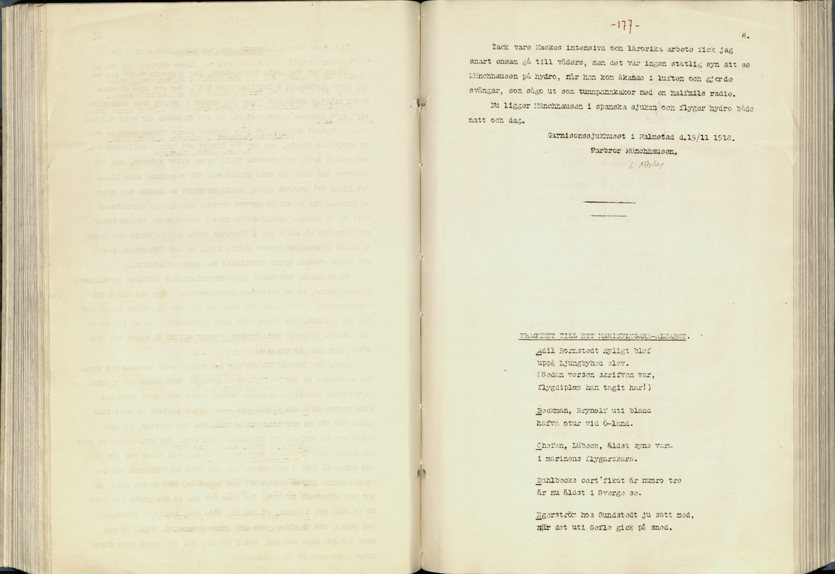 Inbunden samlingsvolym för tidskriften Flygfisken: organ för Sveriges militärflygare, 1917-1919.

Innehåll: artiklar med minnen, händelser och episoder inom den svenska militära pionjärflygningen samt fakta och råd till militära flygare. Illustrationer i form av ritningar och foton.

Sidor framställda genom stencilering med inklistrade fotografier.


Ingående nummer:

1 - augusti 1917 (sida 1-11)
2 - september 1917 (sida 12-21)
3 - oktober 1917 (sida 22-31)
4 - november 1917 (sida 32-42)
5 - december 1917 (sida 43-53)
6 - januari 1918 (sida 54-64)
7 - februari 1918 (sida 65-77)
8 - mars 1918 (sida 78-88)
9 - april 1918 (sida 89-101)
10 - maj 1918 (sida 102-111)
11 - juni 1918 (sida 112-126)
12 - juli 1918 (sida 127-137)
13 - augusti 1918 (sida 138-148)
14 - september 1918 (sida 149-157)
15 - oktober 1918 (sida 158-168)
16 - november 1918 (sida 169-180)
17 - december 1918 (sida 181-190)
18 - januari 1919 (sida 191-202)
19 - februari 1919 (sida 203-214)
20 - mars 1919 (sida 215-226)
21 - april 1919 (sida 227-240)
22 - maj 1919 (sida 241-251)
23 - juni 1919 (sida 252-263)
24 - juli 1919 (sida 264-274)
25 - september 1919 (sida 275-286)
26 - oktober 1919 (sida 287-298)
27 - december 1919 (sida 299-309)