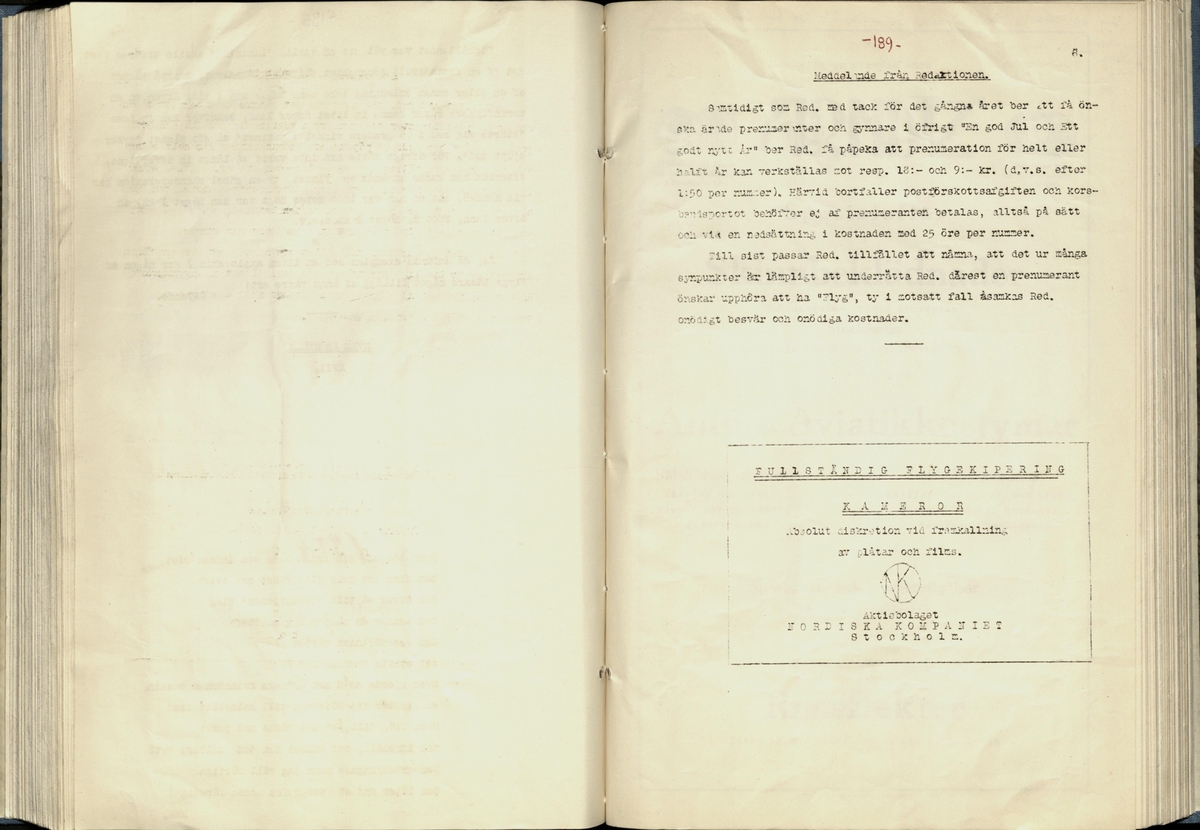 Inbunden samlingsvolym för tidskriften Flygfisken: organ för Sveriges militärflygare, 1917-1919.

Innehåll: artiklar med minnen, händelser och episoder inom den svenska militära pionjärflygningen samt fakta och råd till militära flygare. Illustrationer i form av ritningar och foton.

Sidor framställda genom stencilering med inklistrade fotografier.


Ingående nummer:

1 - augusti 1917 (sida 1-11)
2 - september 1917 (sida 12-21)
3 - oktober 1917 (sida 22-31)
4 - november 1917 (sida 32-42)
5 - december 1917 (sida 43-53)
6 - januari 1918 (sida 54-64)
7 - februari 1918 (sida 65-77)
8 - mars 1918 (sida 78-88)
9 - april 1918 (sida 89-101)
10 - maj 1918 (sida 102-111)
11 - juni 1918 (sida 112-126)
12 - juli 1918 (sida 127-137)
13 - augusti 1918 (sida 138-148)
14 - september 1918 (sida 149-157)
15 - oktober 1918 (sida 158-168)
16 - november 1918 (sida 169-180)
17 - december 1918 (sida 181-190)
18 - januari 1919 (sida 191-202)
19 - februari 1919 (sida 203-214)
20 - mars 1919 (sida 215-226)
21 - april 1919 (sida 227-240)
22 - maj 1919 (sida 241-251)
23 - juni 1919 (sida 252-263)
24 - juli 1919 (sida 264-274)
25 - september 1919 (sida 275-286)
26 - oktober 1919 (sida 287-298)
27 - december 1919 (sida 299-309)