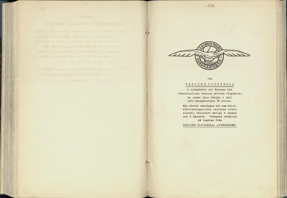 Inbunden samlingsvolym för tidskriften Flygfisken: organ för Sveriges militärflygare, 1917-1919.

Innehåll: artiklar med minnen, händelser och episoder inom den svenska militära pionjärflygningen samt fakta och råd till militära flygare. Illustrationer i form av ritningar och foton.

Sidor framställda genom stencilering med inklistrade fotografier.


Ingående nummer:

1 - augusti 1917 (sida 1-11)
2 - september 1917 (sida 12-21)
3 - oktober 1917 (sida 22-31)
4 - november 1917 (sida 32-42)
5 - december 1917 (sida 43-53)
6 - januari 1918 (sida 54-64)
7 - februari 1918 (sida 65-77)
8 - mars 1918 (sida 78-88)
9 - april 1918 (sida 89-101)
10 - maj 1918 (sida 102-111)
11 - juni 1918 (sida 112-126)
12 - juli 1918 (sida 127-137)
13 - augusti 1918 (sida 138-148)
14 - september 1918 (sida 149-157)
15 - oktober 1918 (sida 158-168)
16 - november 1918 (sida 169-180)
17 - december 1918 (sida 181-190)
18 - januari 1919 (sida 191-202)
19 - februari 1919 (sida 203-214)
20 - mars 1919 (sida 215-226)
21 - april 1919 (sida 227-240)
22 - maj 1919 (sida 241-251)
23 - juni 1919 (sida 252-263)
24 - juli 1919 (sida 264-274)
25 - september 1919 (sida 275-286)
26 - oktober 1919 (sida 287-298)
27 - december 1919 (sida 299-309)
