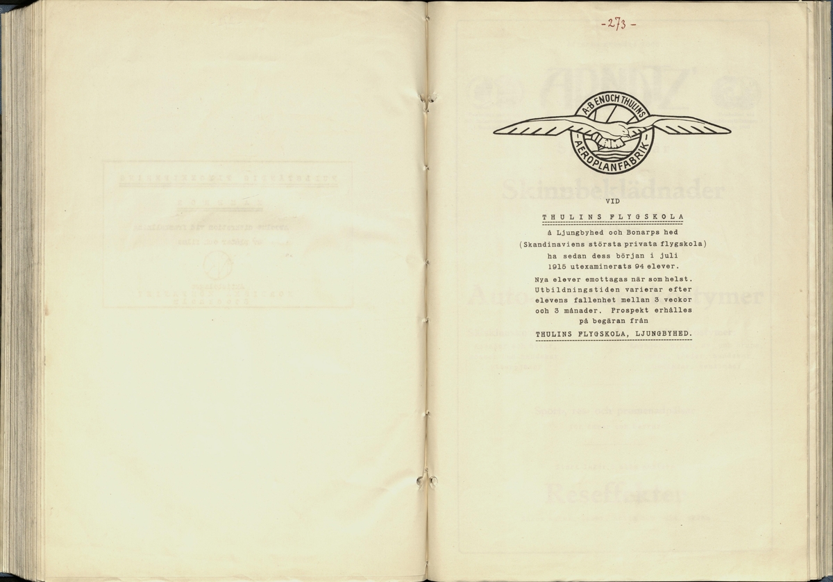 Inbunden samlingsvolym för tidskriften Flygfisken: organ för Sveriges militärflygare, 1917-1919.

Innehåll: artiklar med minnen, händelser och episoder inom den svenska militära pionjärflygningen samt fakta och råd till militära flygare. Illustrationer i form av ritningar och foton.

Sidor framställda genom stencilering med inklistrade fotografier.


Ingående nummer:

1 - augusti 1917 (sida 1-11)
2 - september 1917 (sida 12-21)
3 - oktober 1917 (sida 22-31)
4 - november 1917 (sida 32-42)
5 - december 1917 (sida 43-53)
6 - januari 1918 (sida 54-64)
7 - februari 1918 (sida 65-77)
8 - mars 1918 (sida 78-88)
9 - april 1918 (sida 89-101)
10 - maj 1918 (sida 102-111)
11 - juni 1918 (sida 112-126)
12 - juli 1918 (sida 127-137)
13 - augusti 1918 (sida 138-148)
14 - september 1918 (sida 149-157)
15 - oktober 1918 (sida 158-168)
16 - november 1918 (sida 169-180)
17 - december 1918 (sida 181-190)
18 - januari 1919 (sida 191-202)
19 - februari 1919 (sida 203-214)
20 - mars 1919 (sida 215-226)
21 - april 1919 (sida 227-240)
22 - maj 1919 (sida 241-251)
23 - juni 1919 (sida 252-263)
24 - juli 1919 (sida 264-274)
25 - september 1919 (sida 275-286)
26 - oktober 1919 (sida 287-298)
27 - december 1919 (sida 299-309)