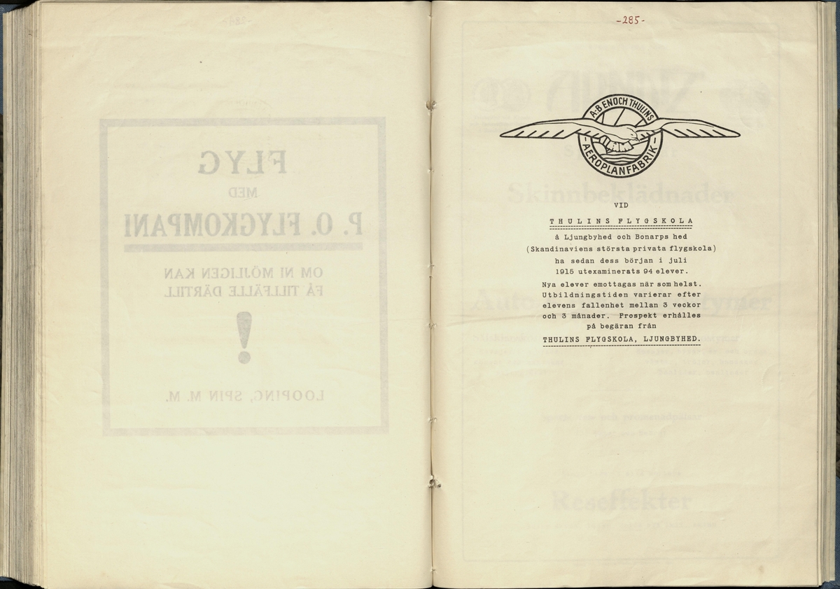Inbunden samlingsvolym för tidskriften Flygfisken: organ för Sveriges militärflygare, 1917-1919.

Innehåll: artiklar med minnen, händelser och episoder inom den svenska militära pionjärflygningen samt fakta och råd till militära flygare. Illustrationer i form av ritningar och foton.

Sidor framställda genom stencilering med inklistrade fotografier.


Ingående nummer:

1 - augusti 1917 (sida 1-11)
2 - september 1917 (sida 12-21)
3 - oktober 1917 (sida 22-31)
4 - november 1917 (sida 32-42)
5 - december 1917 (sida 43-53)
6 - januari 1918 (sida 54-64)
7 - februari 1918 (sida 65-77)
8 - mars 1918 (sida 78-88)
9 - april 1918 (sida 89-101)
10 - maj 1918 (sida 102-111)
11 - juni 1918 (sida 112-126)
12 - juli 1918 (sida 127-137)
13 - augusti 1918 (sida 138-148)
14 - september 1918 (sida 149-157)
15 - oktober 1918 (sida 158-168)
16 - november 1918 (sida 169-180)
17 - december 1918 (sida 181-190)
18 - januari 1919 (sida 191-202)
19 - februari 1919 (sida 203-214)
20 - mars 1919 (sida 215-226)
21 - april 1919 (sida 227-240)
22 - maj 1919 (sida 241-251)
23 - juni 1919 (sida 252-263)
24 - juli 1919 (sida 264-274)
25 - september 1919 (sida 275-286)
26 - oktober 1919 (sida 287-298)
27 - december 1919 (sida 299-309)