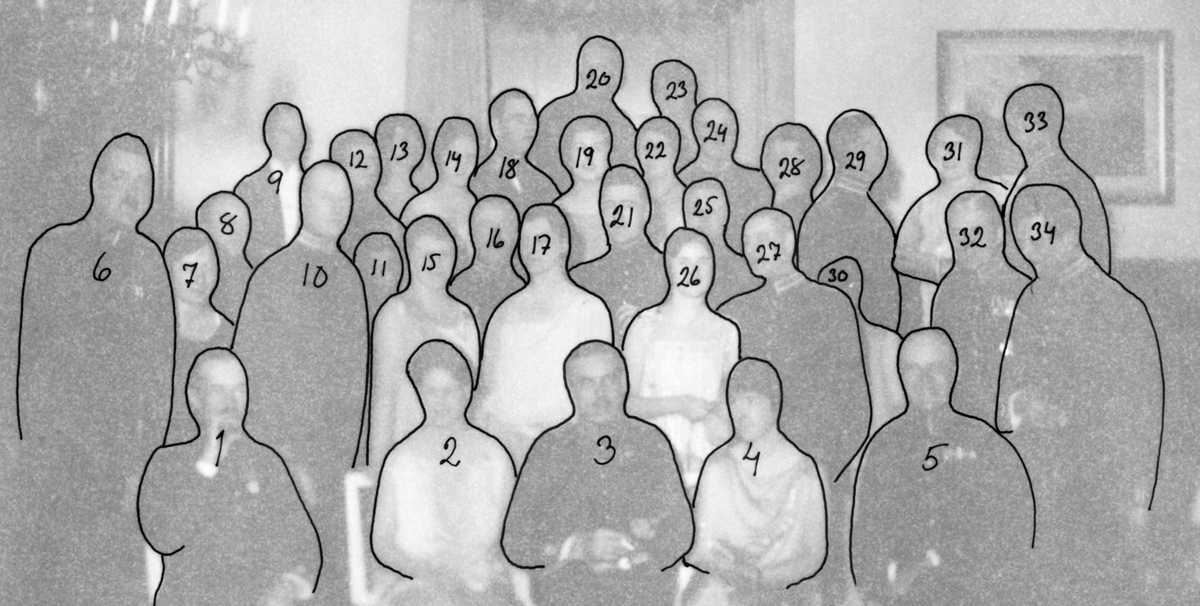 Officersmässen den 31 januari 1926
(två bilder)

Namn, se bild 2.

1. Kapten Tycho Ödman
2. Fru Karin Frithz
3. Kapten Georg Murray
4. Fru Margir Barck
5. Löjtnant Gustaf Frithz
6. Kapten Carl Leijonhufvud
7. Fru Inez Bernhardt
8. Regementsläkare Carl Barre
9. Löjtnant Robert Rahmkvist, I 19 reserv
10. Löjtnant Pehr-Erik Malmström (far till syster Elisabeth)
11. Fru Elsa Montell
12. Friherrinan Margit Leijonhufvud
13. Doktorrinnan Dorrit Barre
14. Fröken Hellberg Eskilstuna ?
15. Fru Gerda Svinhufvud
16. Kapten Hjalmar Odqvist
17. Fru Brita Malmström (mor till syster Elisabeth)
18. Löjtnant Malcolm Frithz
19. Fru Brita Lindvall
20. Kapten Bertil Bernhardt
21. Löjtnant Åke Svinhufvud
22. Fru Elisabeth Rosenquist
23. Fru Stina Fant
24. Löjtnant Nils Sparre, I 1
25. Löjtnant Stig Karlströmer
26. Fröken Hellberg Eskilstuna ? (se 14)
27. Löjtnant Carl Lindvall
28. Fru Elly Ödman
29. Kapten Gustaf Rosenquist
30. Fru Edit Hellemarck ?
31. Fröken Elsa Jäderlund
32. Löjtnant Elis Hellemarck
33. Fänrik Sven von Bahr
34. Kapten Emil Montell.