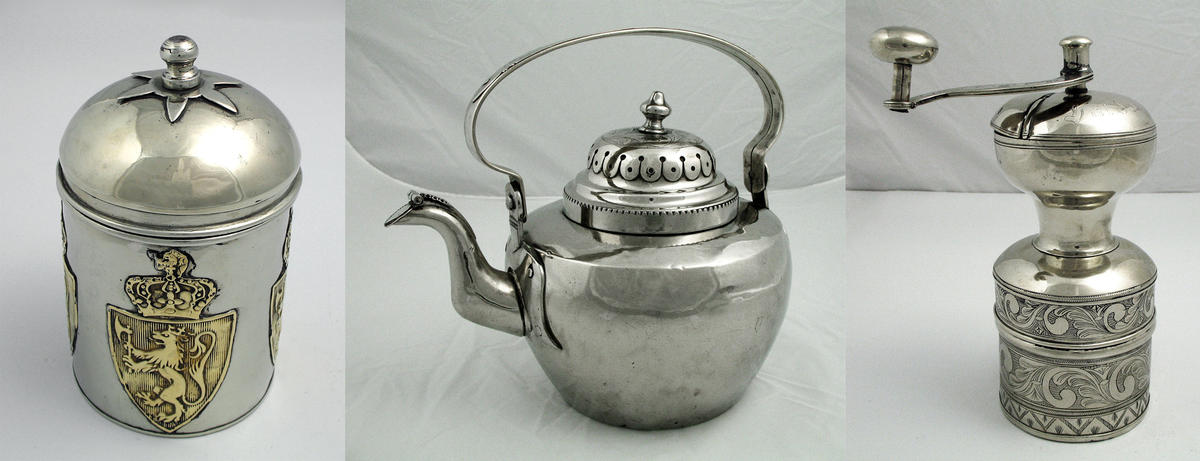 Aksel and Hulda Karlsen’s wedding gifts: coffee can,  coffee pot and coffee grinder