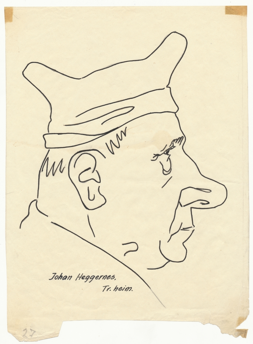Portrettegning (karikatur) av falstadfange Johan Heggernes (f. 1879 i Stjørdal), Trondheim.