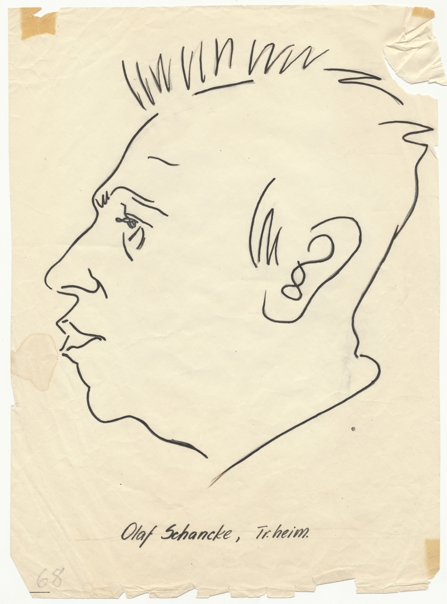 Portrettegning (karikatur) av falstadfange Olav Schanke (f. 1913), Trondheim.