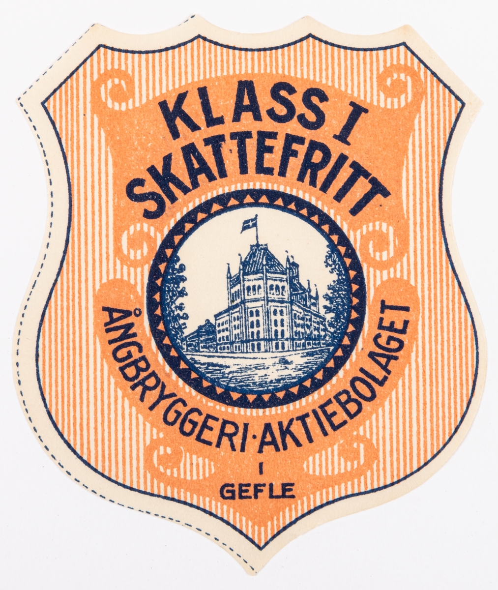 Etiketter 2 st. Sköldformade. Orange, vitt, blått, svart. "KLASS I SKATTEFROTT ÅNGBRYGGERIAKTIEBOLAGEN I GEFLE".