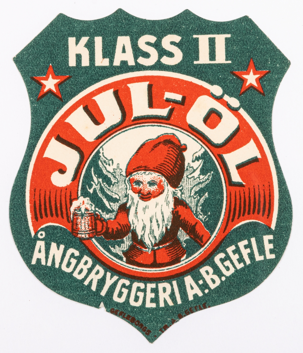 Jul-öl
Klass II
Ångebryggeri A:B Gefle
Klistrad baksida. 
Sköldformad. Grön bakgrund med tomte som håller ölsejdel.