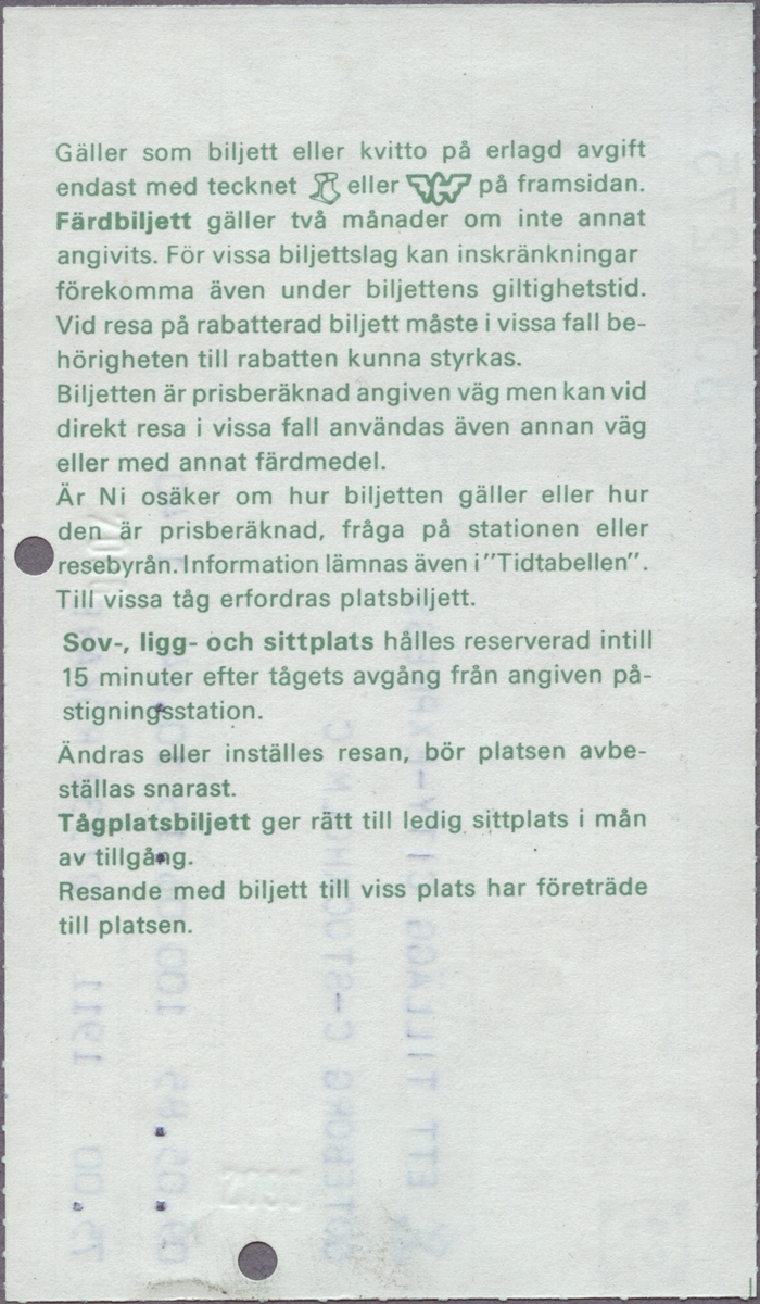 En tilläggsbiljett för City-Express, avdelning rökare, sträckan Göteborg C-Stockholm C. På biljettens baksida finns resevillkor.