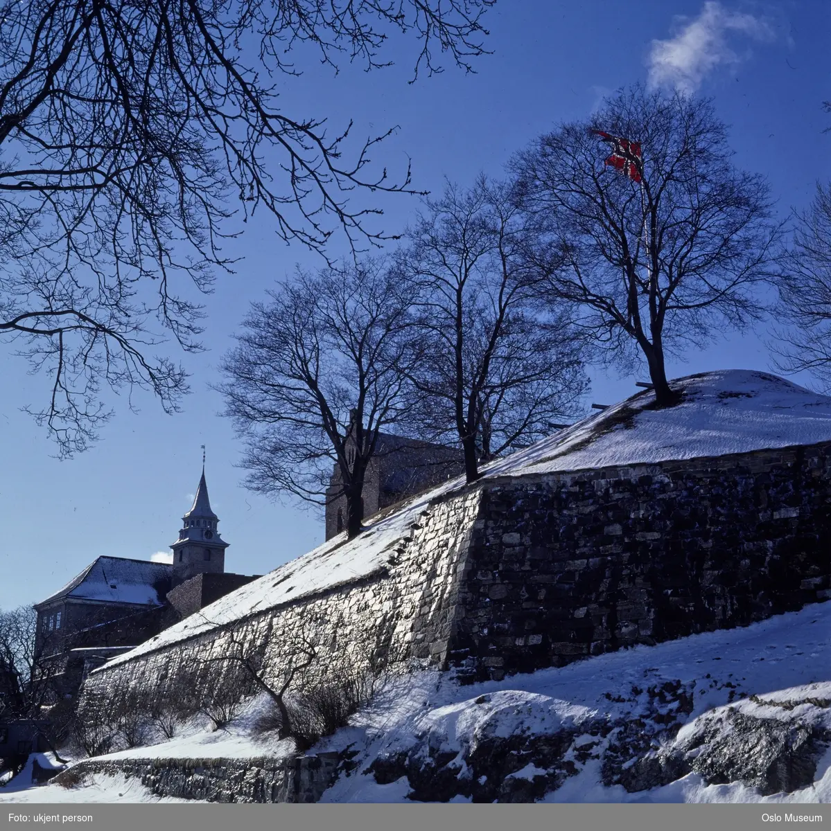 Akershus festning, festningsvoll, trær, flagg, snø