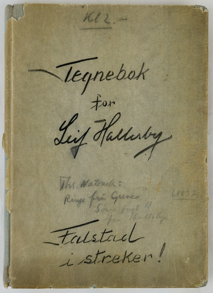 Innbundet tegnebok med et slitt gråpapir-omslag. Leif Hallesbys tittel står både på omslaget og på tittelbladet. I selve boka er annenhver side (venstre) nummerert (men blank). Høyresidene i oppslagene har originale tegninger fra Hallesbys fangenskap på Falstad. Boka består av totalt 37 tegninger, datert 25. mars–2. mai 1944. De seks første og den siste av tegningene er skyggelagt/fargelagt, de øvrige er bare strektegninger. Det kan tyde på at arbeidet ikke ble ferdig før Hallesby ble sendt videre fra Falstad 7. mai 1945.