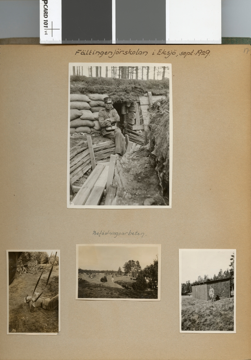 Text i fotoalbum: "Fältingenjörskolan i Eksjö, sept 1929. Befästningsarbeten".