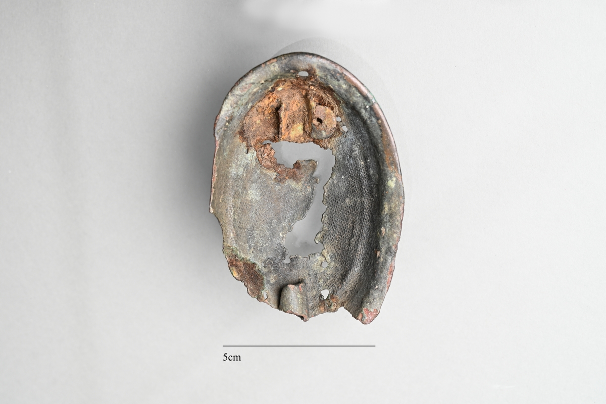 Spännbuckla (se Petersen fig 51) med genombruten överskålla med fem knoppar. Överskållan hel, separerad från underskållan. Underskållan skadad, ornerad längs kanten. Nålfäste och nålhållare kvar, men ej nålen. Tygavtryckmärken från gjurtformen på undersidan, troligen från linne vävt i tuskaft.