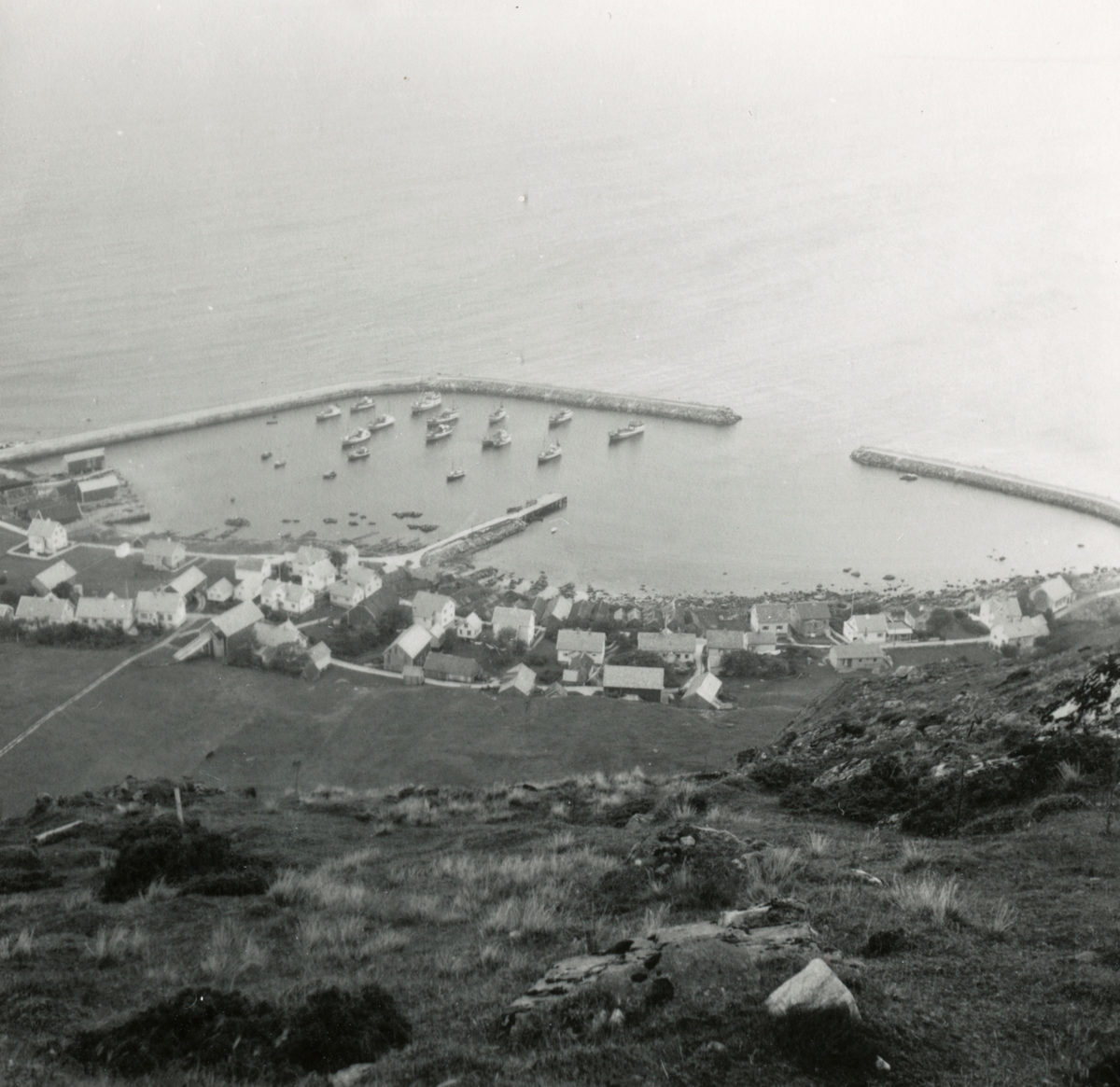 Oversiktsbilder over havna og bebyggelse på Alnes, Godøy.