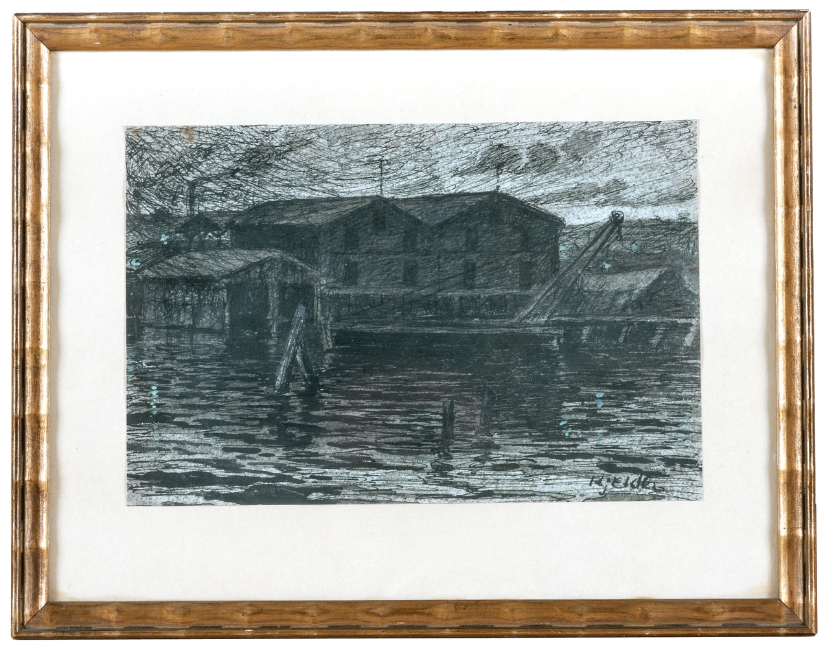 Tuschteckning av Hjalmar Eldh, "Hamnen i Gävle" före 1910. I förgrunden vatten med nedslagna pålar. I bakgrunden på kajen magasinsbyggnader samt en kran.