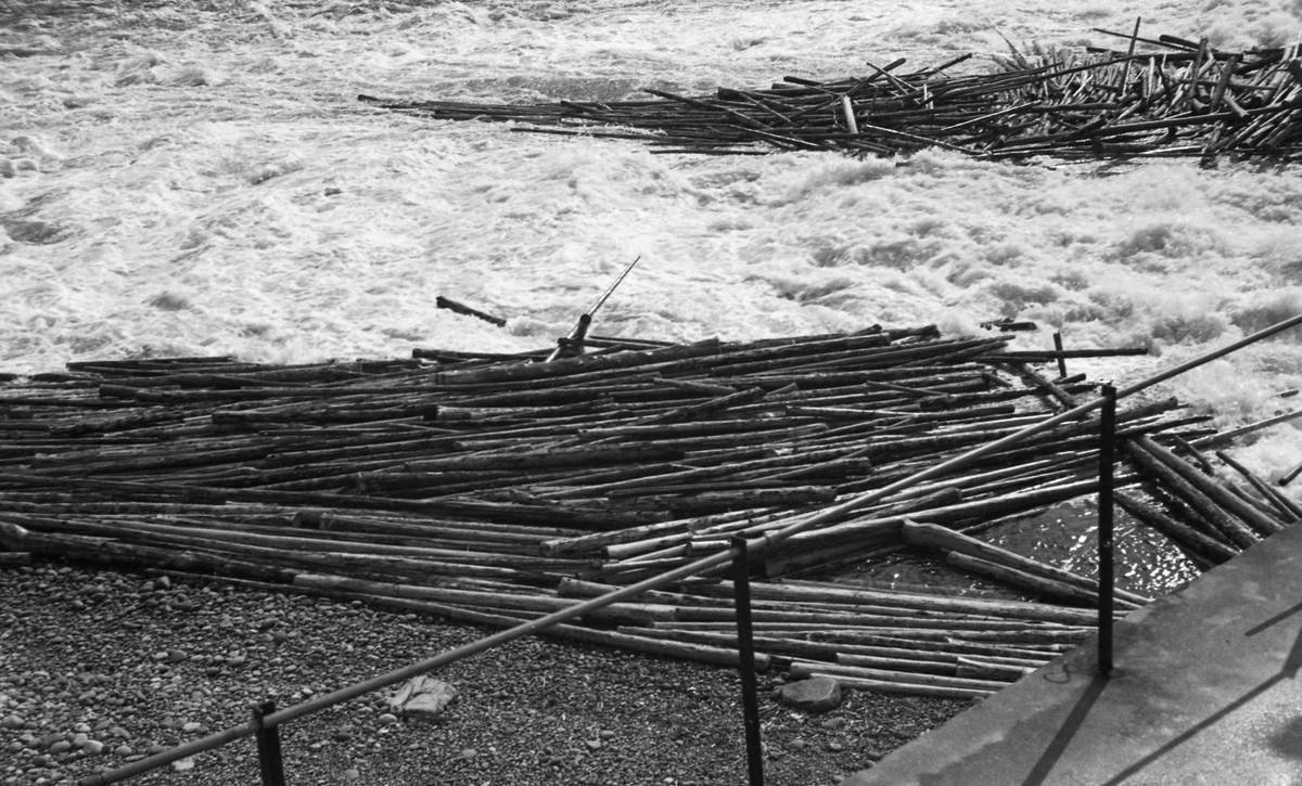 Tømmervaser under Skjefstadfossen i Glomma i Heradsbygda i Elverum sommeren 1947. Fotografiet er tatt fra en plattform ved det østre landfestet for den 312 meter lange overløpsdammen med kameraet vendt mot det kvitskummende vannet i nedfallssona under dammen. Her hadde det samlet seg en del fløtingstømmer, dels i ei bakevje ved elvebredden, dels litt lengre ute i elveløpet. Det var i denne delen av elva fløterne gjere ville at tømmeret skulle gå, for elveløpet var djupest i den østre delen av fossen.