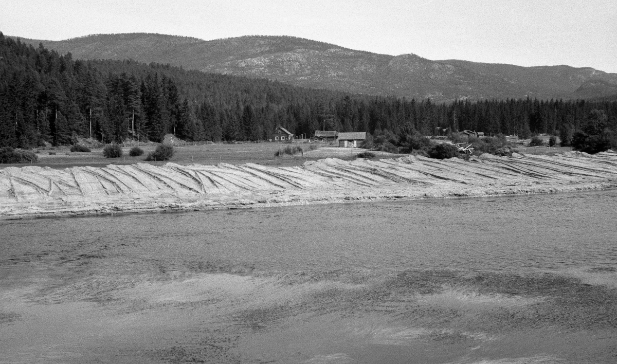 Fra Åkrestrømmen - elveløpet mellom Lomnessjøen og Storsjøen i Rendalen.  Fotografiet er tatt sommeren 1947, da det ble gjort betydelige arbeider for å senke elveløpet.  Fotografen har antakelig stått på vegen langs vassdragets vestbredd og tatt bildet østover, på skrå over Åkrestrømmen.  Bildet viser et stilleflytende vassdrag, der det var gravd og skyflet opp en god del sand og grus fra elveleiet til en voll langs elvebredden.  Bakenfor skimtes et kulturlandskap med engarealer og et par små bruk, muligens Nordenget og Misterosen.  Bakenfor dem igjen er det ei rand med skog og helt i bakgrunnen en fjellrygg. 

Oppmudringsarbeidene som vises på dette fotografiet ble gjort for å realisere gamle idéer om å senke vannstanden i Renavassdraget, slik at om lag 10 000 dekar med tilstøtende våtmark kunne gjøres til dyrkbart jordbruksareal.  Dette prosjektet er nærmere omtalt under fanen «Opplysninger».